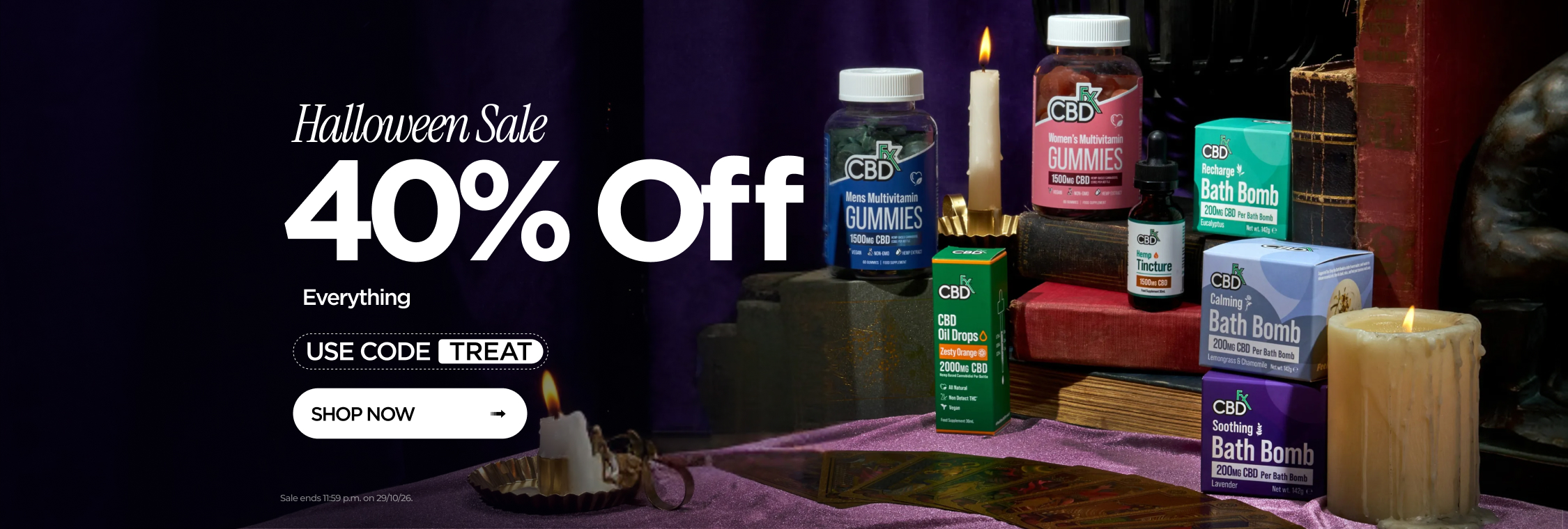 UK AM Halloween Sale Kickoff % OFF Sitewide Code TREAT CBDfx UK Desktop(xpx)